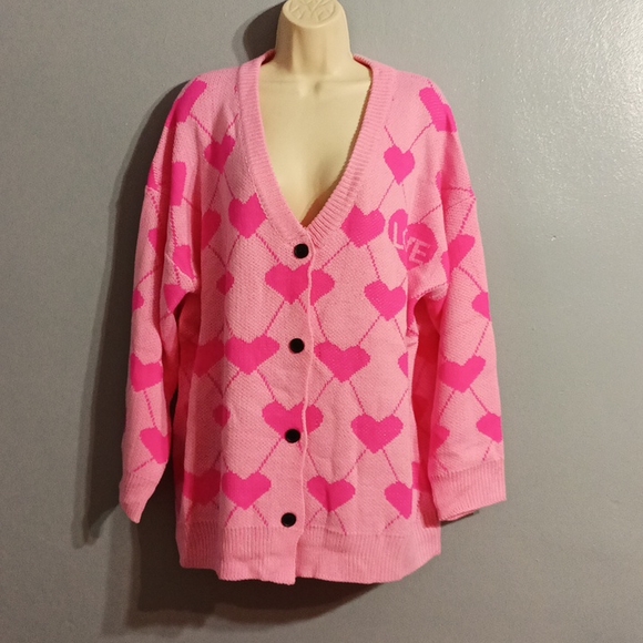 Shein Plus pink with pink  heart pattern drop shoulder cardigan duster s… - Picture 5 of 17